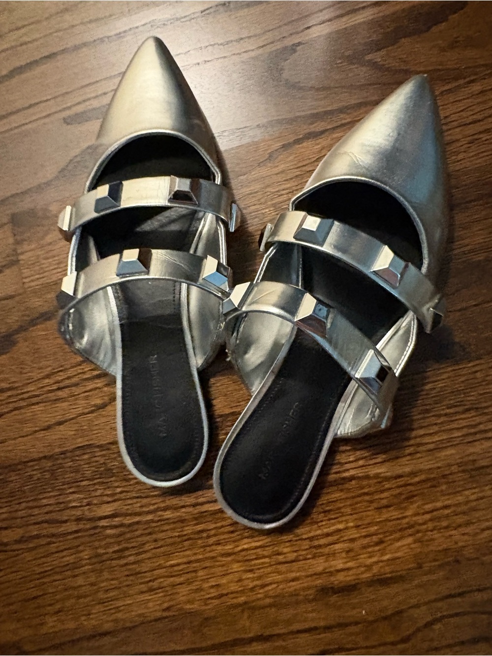 Metallic Silver Pointed-Toe Slip-On Flats with Studded Straps